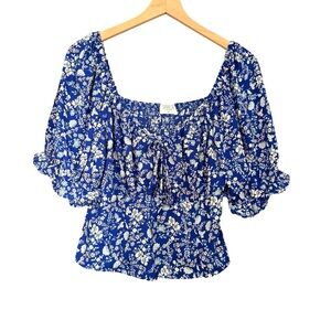 Blue Floral Puff Sleeve Smocked Blouse